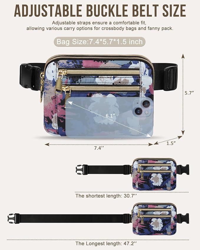 Capolo Fanny Packs for Women Fashion Waist Packs Bag with Adjustable Strap and 4 Zipper Pockets Waterproof Everywhere Crossbody Belt Bag for Workout Running Travelling(Watercolor Print)
