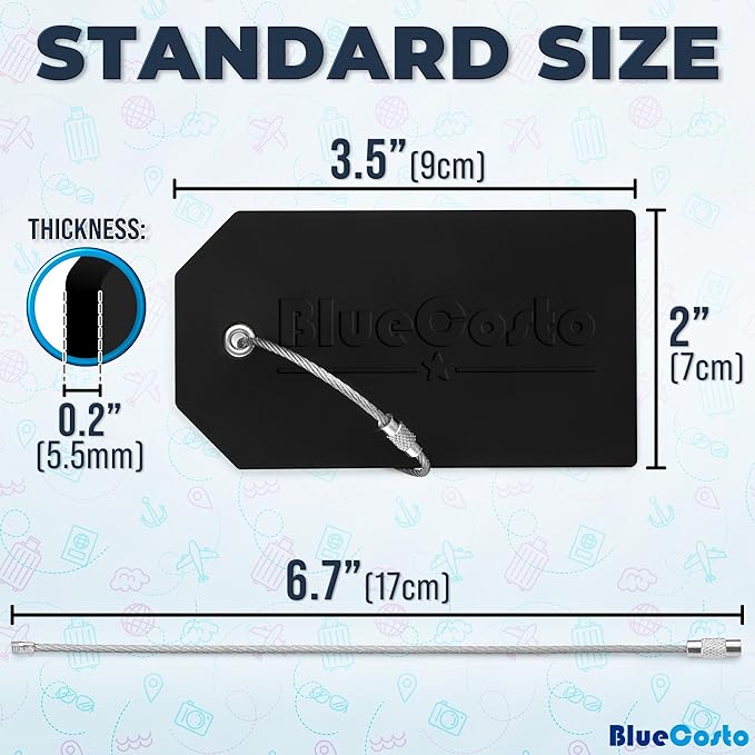 BlueCosto - Luggage Tags - Large, Black, 5 PK - PVC Suitcase Tags w/Privacy Cover & Stainless Steel Wire Loops - Personalized Baggage Identifiers for Travel - Backpack Name Labels