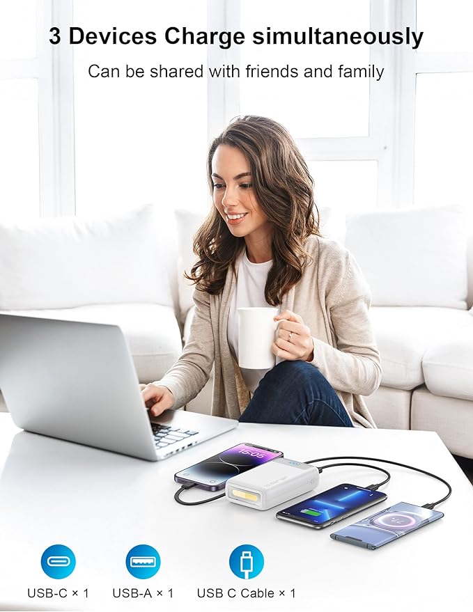 Portable Charger, 27000mAh 22.5W Fast Charging Power Bank with Built-in Cable, USB C Battery Pack with LED Display/Flash Light, Travel Essential External Battery Charger Bank for iPhone Samsung White