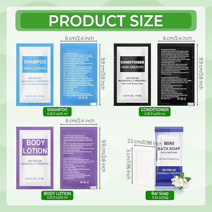 4 Sets 4-IN-1 Hotel Toiletries Bulk Set,20 Pcs 0.35 oz each Packets Shampoo,Conditioner, Body Wash and Lotion Mini Travel Size Toiletries Supplies kit for Guests,Homeless,Motel