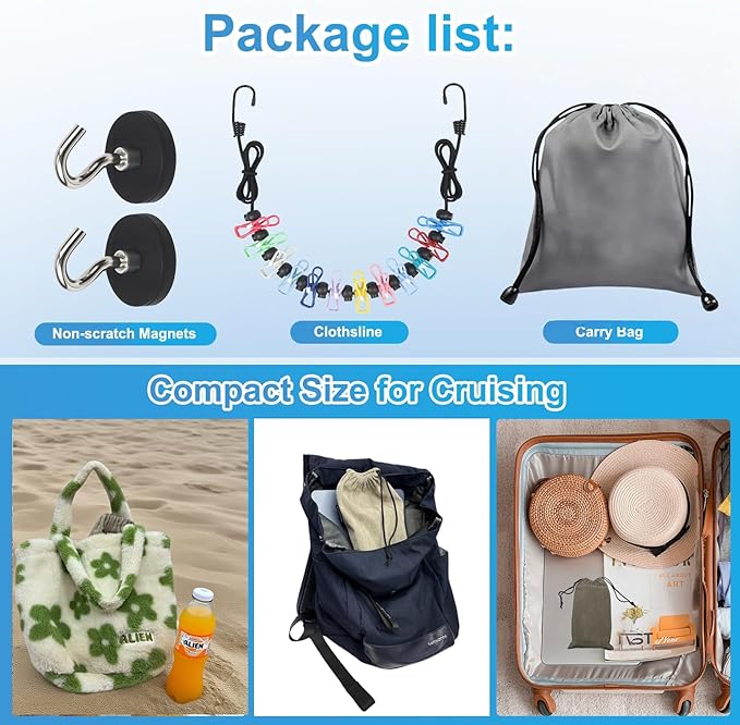 Portable Magnetic Clothesline for Cruise Ship Cabin, Travel Clothesline with 12 Clips and Carry Bag, Rubber-Coated Non-Scratch Magnets for Cruise, RV & Hotel