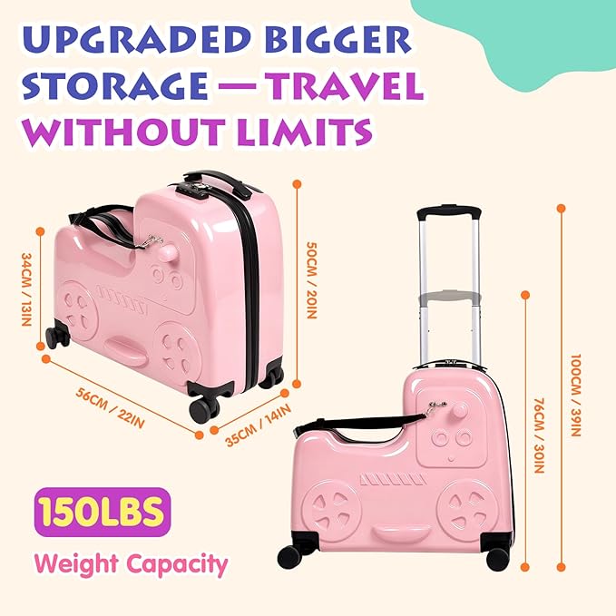 smilesun 22" Kids Ride-On Suitcase with Safety Strap, Multifunctional Kids' Luggage with Double Spinner Wheels, Durable and Lightweight for Boys and Girls Ages 2-10（Pink）