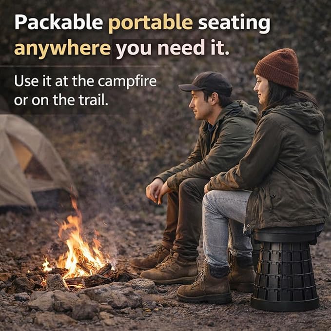 Telescoping Folding Camping Stool, Portable Adjustable Height Outdoor Chair, 1-Second Setup, Compact Lightweight for Camping, Fishing, Hiking (Black)