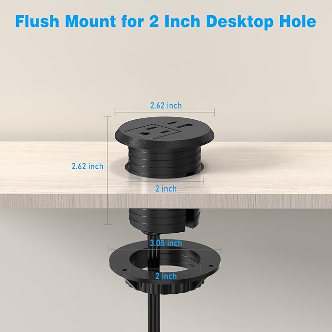 2 inch Desk Power Grommet Outlet, Flat Plug Recessed Outlet with 20W USB-C Fast Charging, for Conference Rooms, Office Tables, Furniture, 6FT Cord(ETL Listed)
