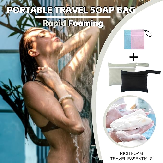 2 Pcs Travel Soap Bag, Travel Soap Case Leakproof & Waterproof, Quick Dry Bar Soap Pouch Travel Soap Container with 2 Pcs Foaming Nets, Portable Soap Bags for Shower Travel Camping - Black & Grey