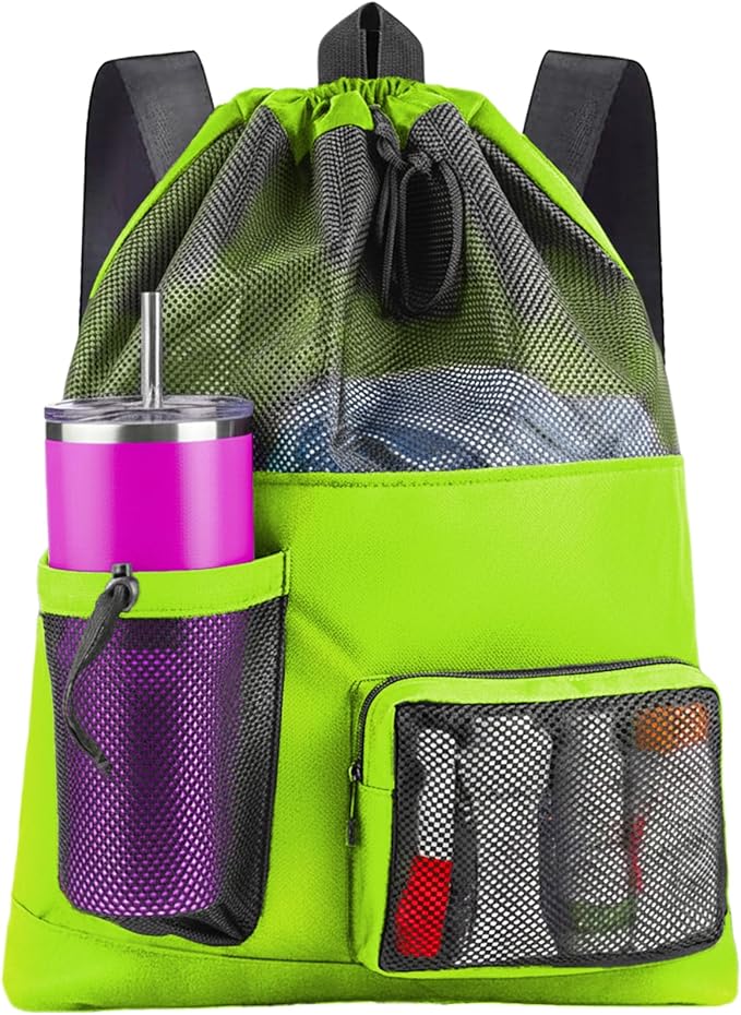 HOHOM Swim Mesh Beach Bag, Waterproof Gym Bags for Women and Men, Large Pool Bag Swimming Gear Drawstring Backpack