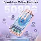 Portable Charger Power Bank 50800mAh,25W USB C Fast Charging Battery Pack with 3 Built in Cables & LED Display,6 Output 2 Input Travel Essentials Phone Charger for iPhone 17/16/15,Android etc (Pink)