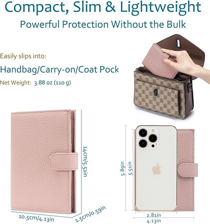 Leather RFID Slim Passport Holder for Travel Women – Passport Wallet for Men with Passport Cover & 3 Card Slots, Zippered Coin Pocket, Cash Holder – Travel Organizer Mother's Day Gift (Pink)