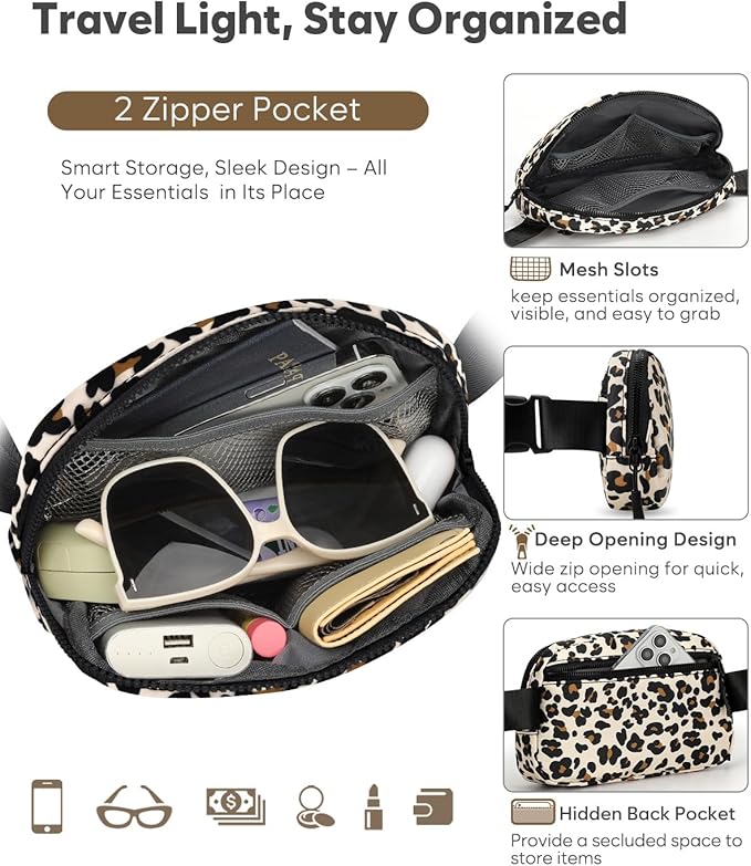 Pritent Fanny Packs for Women Cross Body Bag Waterproof Belt Bag with Adjustable Strap and Zipper Back Pocket Small Crossbody Bags Fashion Waist Packs for Workout Travelling(Leopard)