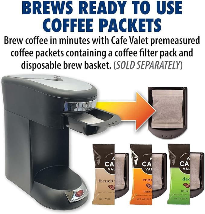 Café Valet Single Serve Coffee Maker, Brews 10 Ounces of Coffee or Hot Water, Compatible with Café Valet Coffee Packs