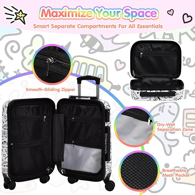 smilesun 14" & 20" Kids DIY Coloring Luggage Set, 2PCS Carry-On Durable Suitcase with Wipe-Clean Shell, Spinner Wheels, TSA Lock