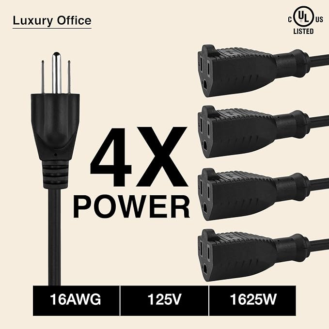 4 Way Power Splitter - 1 to 4 Extension Cord Splitter, 6' Long Extension Cord, Outlet Splitter 3 Prong, Power Strip Outlet Plug, Y Style Extension Cord, Black, SJT 16 AWG by Luxury Office