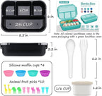 QQKO Bento Box for Kids Adults, School Toddler Lunch Box for Boys Girls, Lunch Box Containers with 4 Compartments, Sauce Container, Utensils, Food Picks and Muffin Cups for School, Black Gray