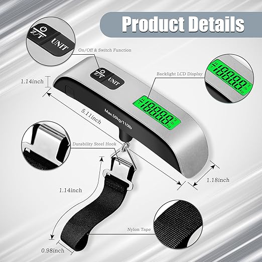 Luggage Scale, 110lbs Portable Digital Luggage Weight Scale, Rubber Pain Suitcase Scales with LCD Display & Temperature for Travel (Sliver)