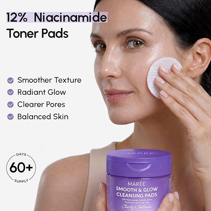 MAREE Niacinamide Toner Pads for Face – Exfoliating Pads with 12% Niacinamide, Salicylic Acid, Hyaluronic Acid & Tea Tree – Zero Pore, Uneven Skin Tone, Acne Clearing Facial Pads – Glow Up Device