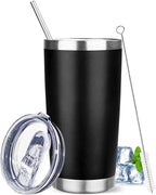 20 oz Tumbler with Lids and Straws, Stainless Steel Insulated Travel Coffee Mug, Double Wall Vacuum Insulated Tumblers, Powder Coated Coffee Tumbler for Cold & Hot Drinks (Black)