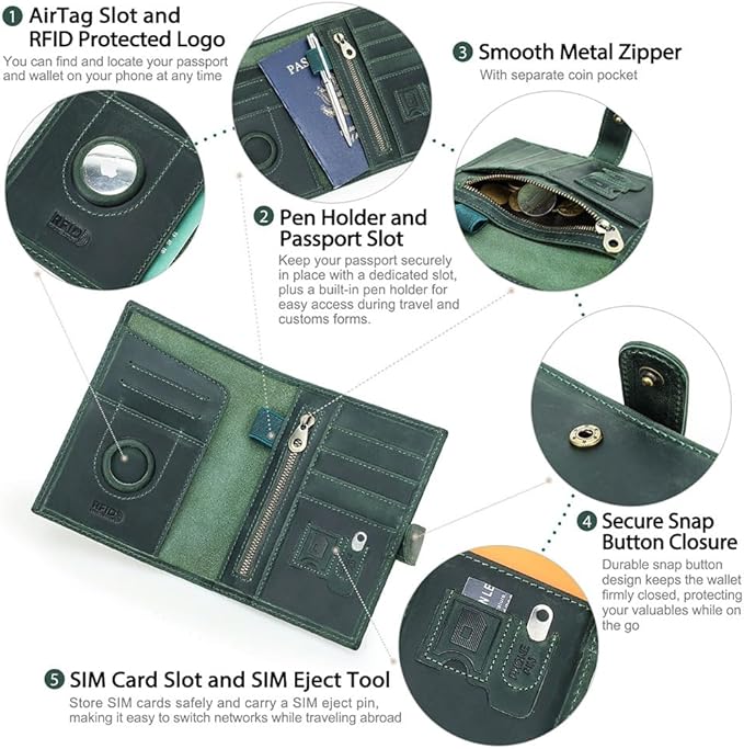 CONTACTS Full Grain Leather Passport Holder Compatible with Airtag Slot RFID Blocking Passport Wallet Travel Slim Passport Cover with SIM Card Removal Tool (Green)
