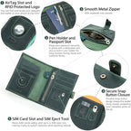 CONTACTS Full Grain Leather Passport Holder Compatible with Airtag RFID Blocking Passport Wallet for Men Travel Passport Cover with SIM Card Removal Tool (Badge, Green)