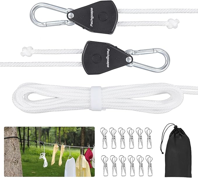 Retractable Travel Clothesline, Portable Clothes Line with Heavy Duty Pulleys & Carabiners, Windproof Clothes Drying Rope for Outdoor Camping, Travel, Indoor Home Use (White, 19 Feet with Clips)