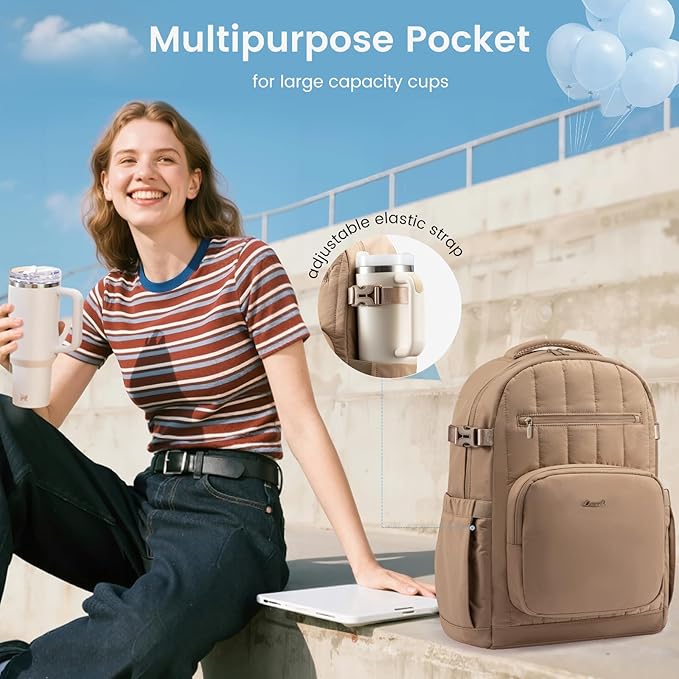 LOVEVOOK Laptop Backpack for Women with Giant Tumbler Holder Pocket,15.6 Inch Puffer Travel College Work Backpack Purse for Teacher Nurse,Waterproof Laptop Bag Computer Back Pack Casual Daypack,Khaki