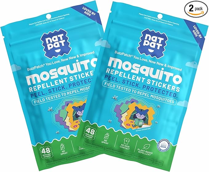 NATPAT BuzzPatch Mosquito Patch Stickers for Kids - All Natural, Plant Based Ingredients, Non-Toxic, DEET Free, Citronella Insect Patches, for Toddlers, Babies, Children (2 Pack, 96 Units)