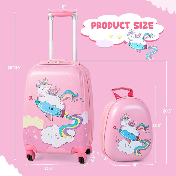 BABY JOY 2 PC Kids Carry On Luggage Set, 18" Toddler Trolley Case & 12" Backpack with Hard Shell & Rolling Wheel Design, Kids Suitcase for Boys Girls (Pony)