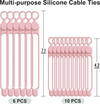 Silicone Cable Ties Cord Organizer for Cable Management, 16PCS 4.2" and 7.1" Reusable Cable Organizer Electronic Accessories for Home, Office, Kitchen, School, Travel (Pink)