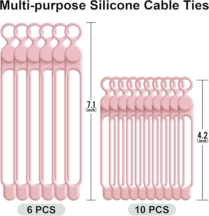 Silicone Cable Ties Cord Organizer for Cable Management, 16PCS 4.2" and 7.1" Reusable Cable Organizer Electronic Accessories for Home, Office, Kitchen, School, Travel (Pink)