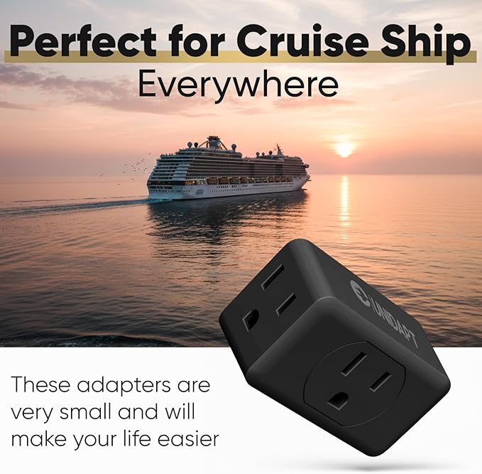 Unidapt Multi Plug Outlet Extender - 3 Way Wall Outlet Splitter, Cruise Ship Approved Power Adapter, Compact Travel Plug Expander for Home, Office, Dorm Room, or Cruise Cabin - Black 2-Pack
