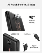 Portable Charger Power Bank Built in Cables and Wall Plug, 10000mAh iPhone Battery Pack Fast Charging, USB C External Slim Power Bank, Travel Essentials Compatible with iPhone 17 16 15 14 iPad, Black