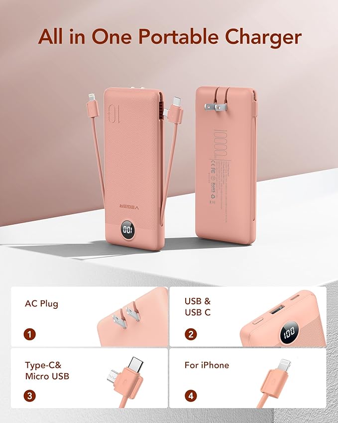 VEGER Portable Charger with Built-in AC Plug and Cables, All in One 10000mAh Ultra Slim Power Bank Travel Essentials, Fast Charging Battery Pack Compatible with iPhone, Samsung, More(Dark Pink)