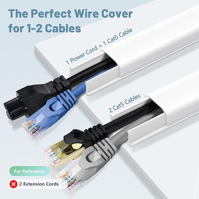 ZhiYo Wire Covers for 2 Cords, Wire Hider on Wall Mounted, White Cord Cover Kit, Cable Cover Cable Concealer for Extension Cord, Ethernet Cable, Speaker Wire, 0.7in(W) x 0.4in(H)