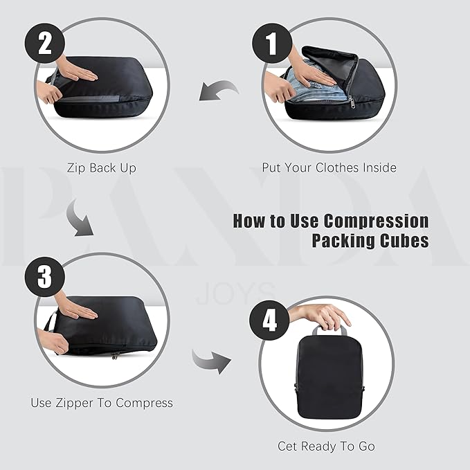 PANDA JOYS 4 Set Compression Packing Cubes Travel - Travel Accessories Expandable Packing Organizers for Carry On - Essentials Luggage Bags - Black