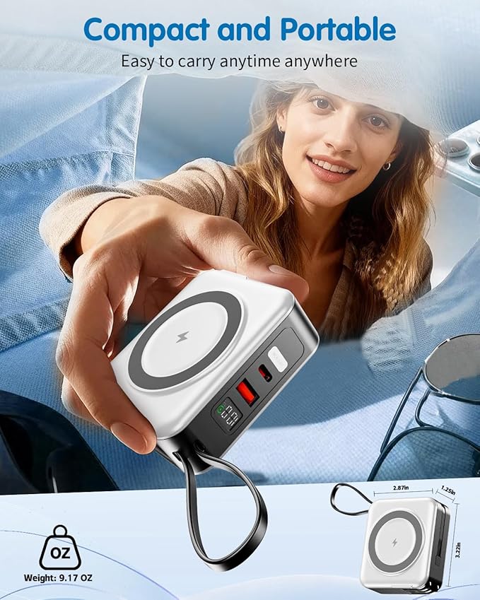 6-in-1 for Magsafe Portable Charger with Built-in Cables & Wall Plug,10000mAh Magnetic Wireless Power Bank,22.5W Fast Charging USB C Battery Pack,Travel Essentials for iPhone 17/16/15/14/13/12,White