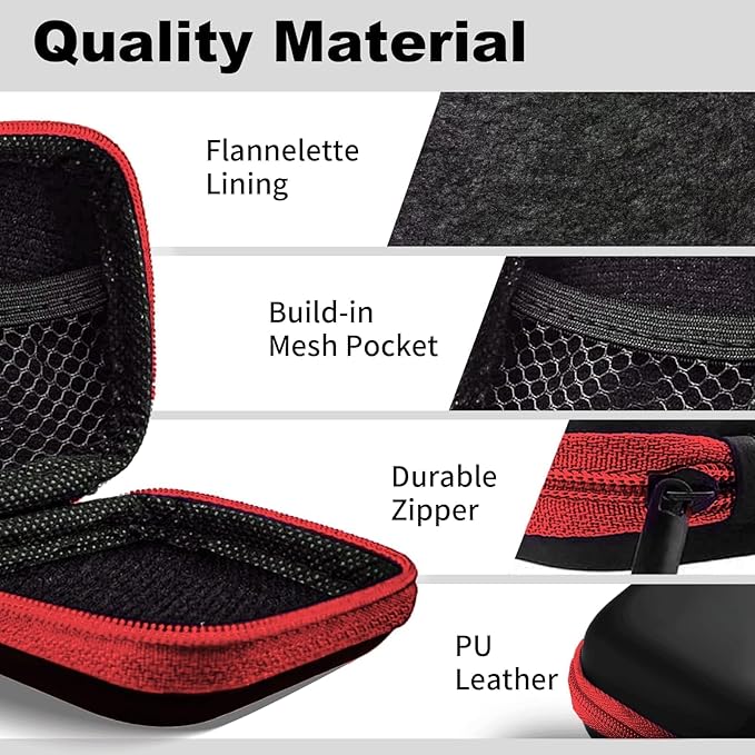 Square Earbud Case Portable EVA Carrying Case Storage Bag Cell Phone Accessories Organizer with Carabiner for Earphone, Earbud, Earpieces, SD Memory Card, Camera Chips, Tech Pouch, Red