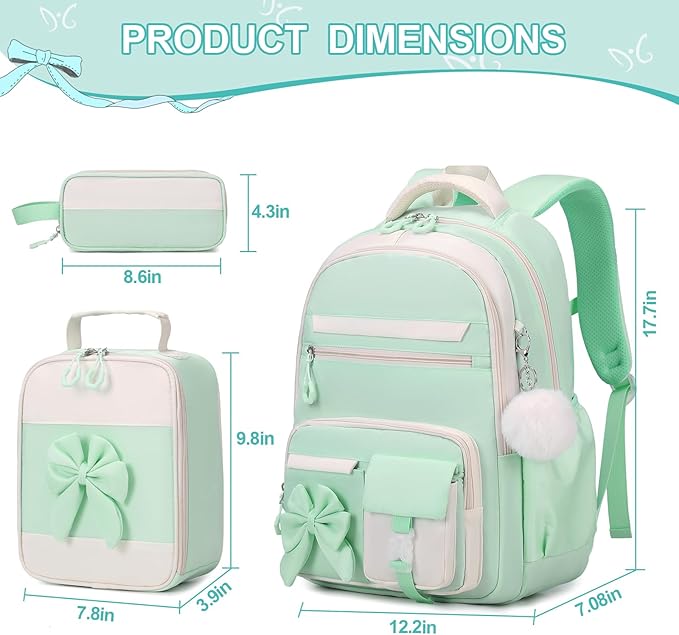 DIGOBAY Backpack for Girls, 3PCS Girls Backpack for School with Lunch Bag Pencil Case, Cute Kids Teens Bookbag for Kindergarten Elementary Preschool Middle School (Green)