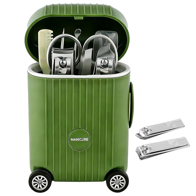 8-Piece Manicure Set in Mini Suitcase, Cute Travel Nail Clipper Kit with Stainless Steel Tools, Portable Grooming Care for Car Console, Office Desk Decor & Unique Gift, Olive Green, 3.9"