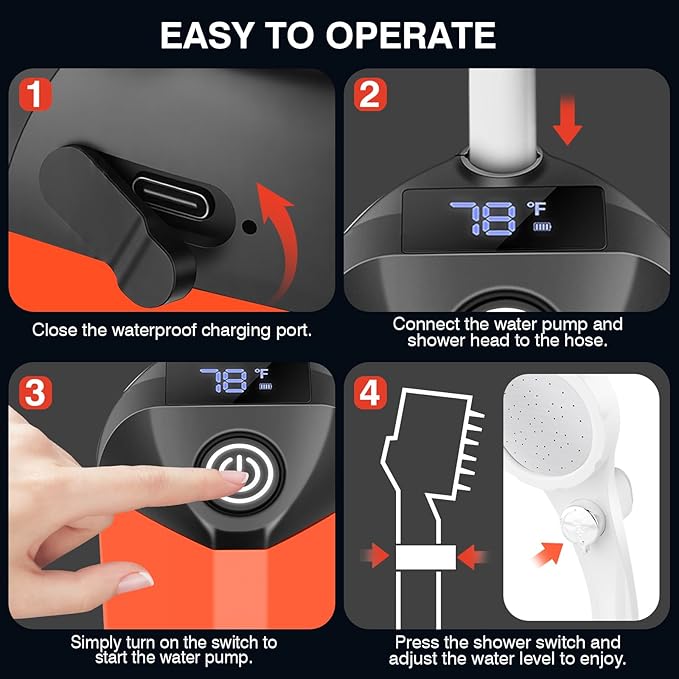 Portable Shower for Camping,7800mAh Rechargeable Camping Shower Pump,IPX8 Waterproof Outdoor Shower with LED Display and 3 Spray Modes for Hiking,Travel, Pet, Car Wash,RV Life