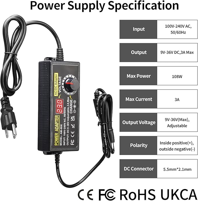 108W Universal Power Supply Adjustable DC 9~36V 3A Variable Switching Power AC/DC Adapter 9V 12V 15V 18V 20V 24V 36V Adapter100V-240V AC to DC Converter with 14 Tips & Polarity Converter & Test Leads