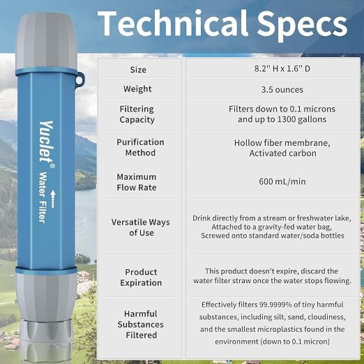 Yuclet 5 Pack Personal Water Filter Straw for Drinking Survival, 0.1-Micron Portable Water Purifier Straw Filters for Camping, Hiking, Travel, Backpacking & Emergency Preparedness