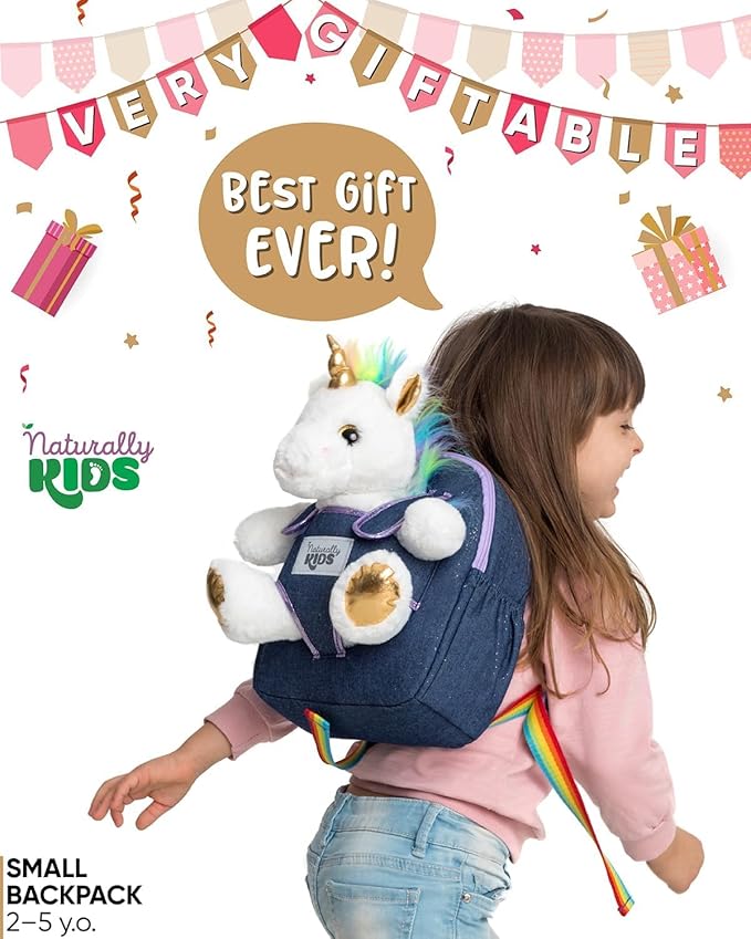 Naturally KIDS 【Upgraded】 Toddler Backpack w Removable Unicorn Toy for Girls Age 2-6 | Side & Inner Pockets, Reflective Logo, Name Tag, Sparkly Denim | Cute Christmas Gifts
