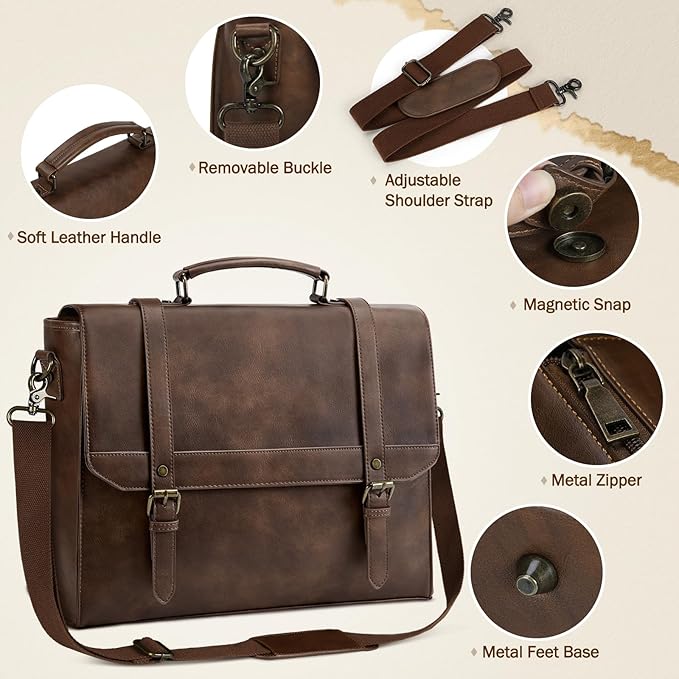 IGOLUMON Messenger Bag for Men 15.6 inch Vintage Leather Waterproof Laptop Briefcase for Men Large Computer Laptop Bag Leather Satchel Bag Retro Shoulder Bag for Office Business College, Dark Brown
