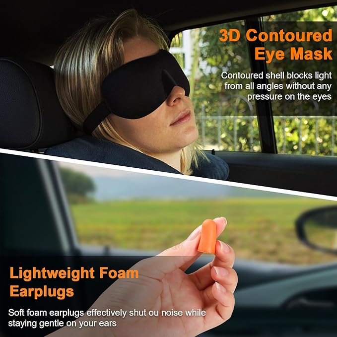 Travel Pillow - Hooded Neck Pillow Airplane Memory Foam Filling for Plane, Office, Cars Sleeping, Road Trip, Long Flights, Airplane Travel Essentials, Includes Eye Mask & Earplugs (Black)