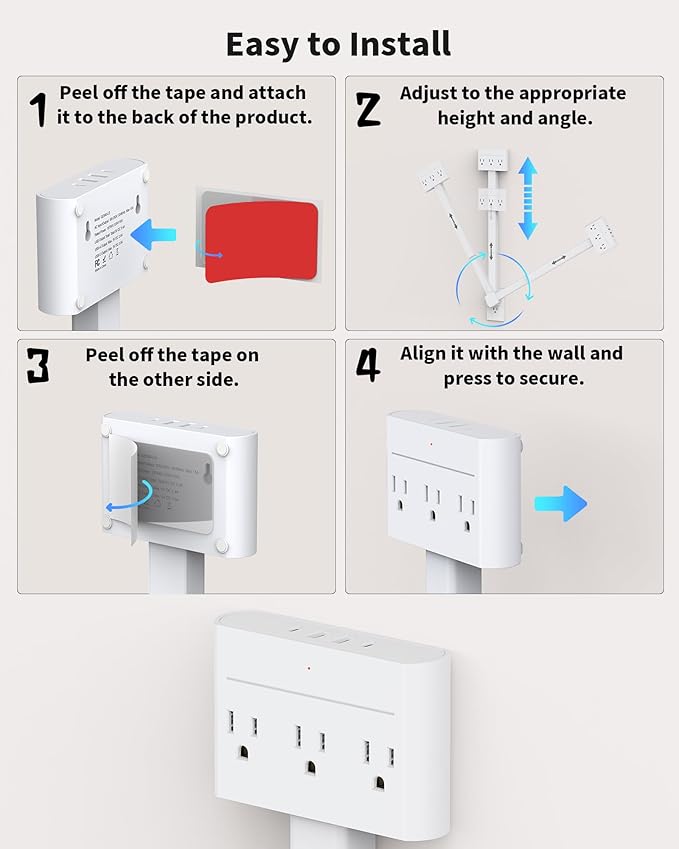 Outlet Extender Stick with 360° Swivel, Wall Plug Power Socket with 3 Outlets & 4 USB Ports(2 USB C), Extends 16"-26", Access Hard-to-Reach Outlets, Use Behind Couches, Nightstands, Desks, and More