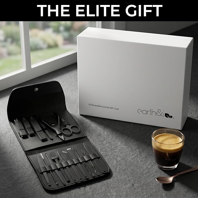 Earth & I Precision-Forged Stainless Steel Manicure Set - 16pc Satin Black Finish Nail Clippers for Thick Nails - TSA Compliant Travel Grooming System - Pedicure & Facial Care Kit - Gift Box