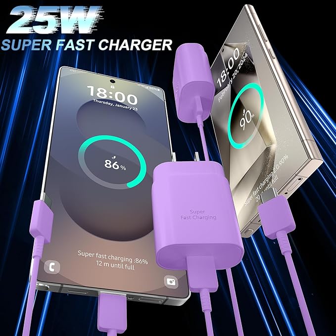 USB C Android Charger Fast Charging Cord, Super Fast Phone Chargers 6.6FT C to C Type Cable with 25W USBC Wall Block for Samsung Galaxy S26 S25 S24 Ultra Plus/S23/S22/S21/S20/Note 20/10, Purple