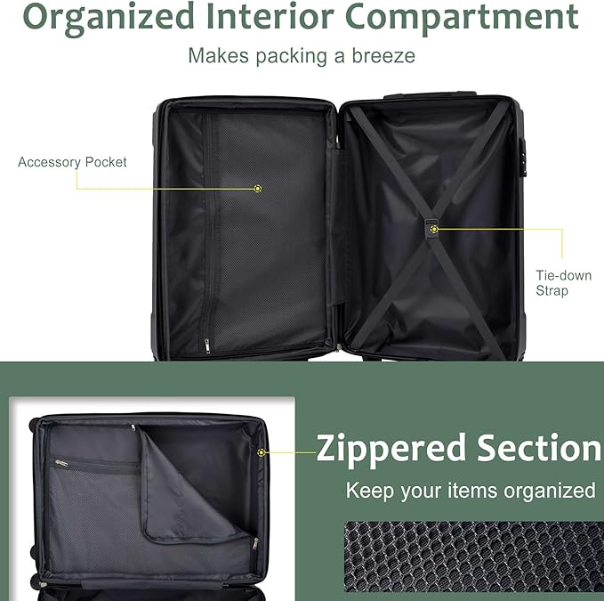 3 Piece Luggage Set, Hardside Suitcase with Spinner Wheels, TSA Lock & Expandable Hard Shell, Carry on and Checked Luggage for Travel, Maletas de Viaje for Men & Women(Green 3 Sets, 20/24/28")