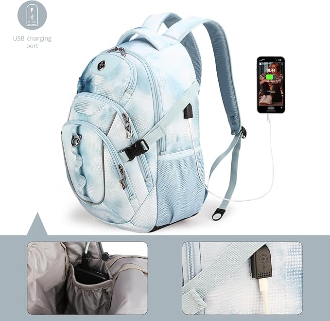 Swissdigital Laptop Backpack with USB Charging Port, Travel Backpack Fits 15.6 inches Computer, 31L Backpack for Men, Polka Blue | SD803-105