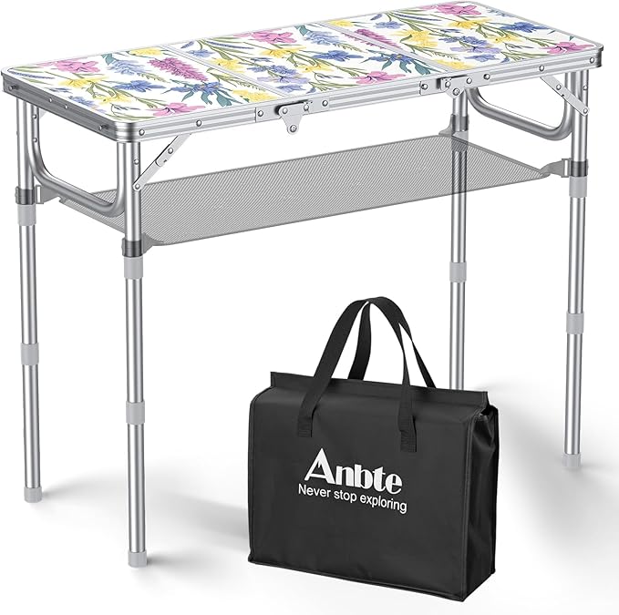 Anbte 3ft Folding Camping Table with Storage Net & Bag, 3 Adjustable Height Max 27.5" Outdoor Folding Table Lightweight, Portable Handle for Outdoor Indoor Camping Beach RV Picnic, Blooming Floral