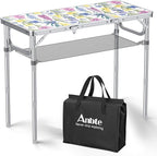 Anbte 3ft Folding Camping Table with Storage Net & Bag, 3 Adjustable Height Max 27.5" Outdoor Folding Table Lightweight, Portable Handle for Outdoor Indoor Camping Beach RV Picnic, Blooming Floral